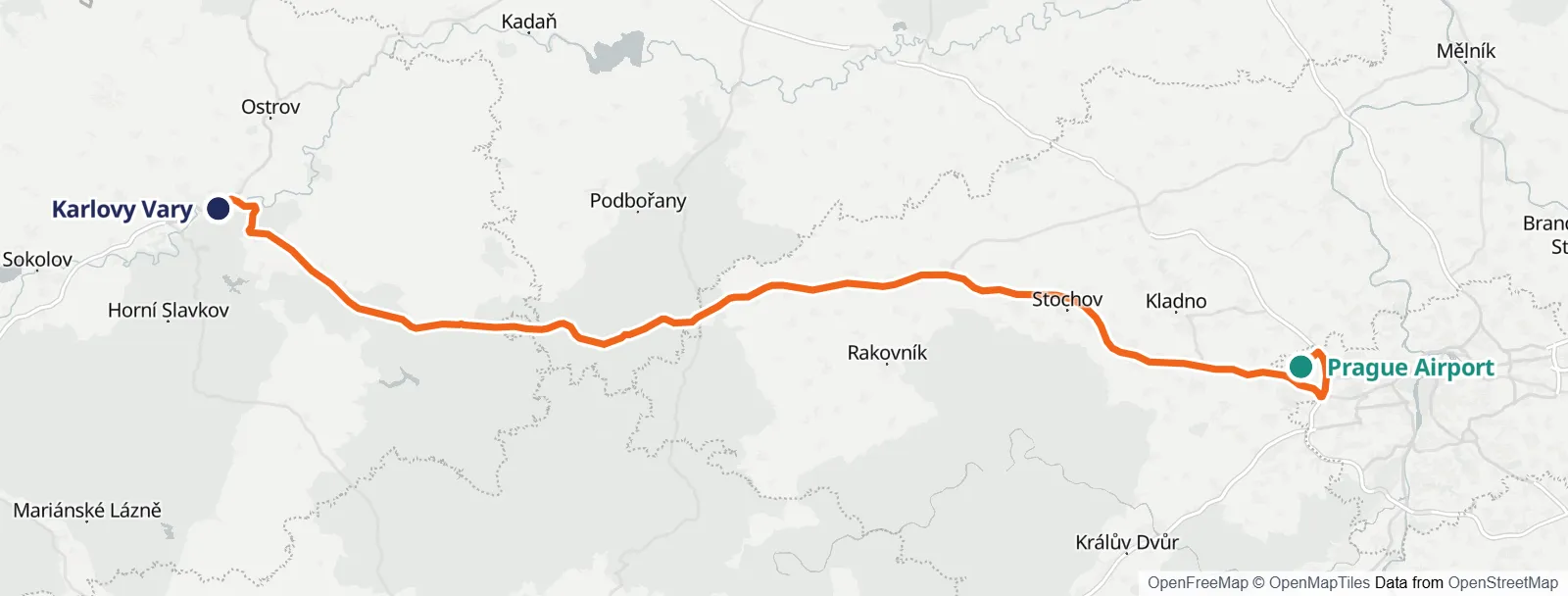 Rutekort: Prague Airport – Karlovy Vary
