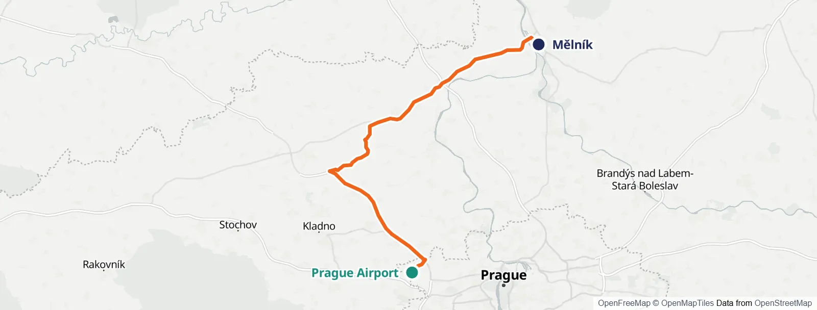 Rutekort: Prague Airport – Mělník