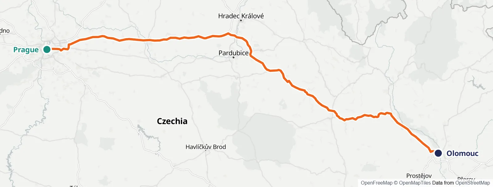 Rutekort: Prague – Olomouc
