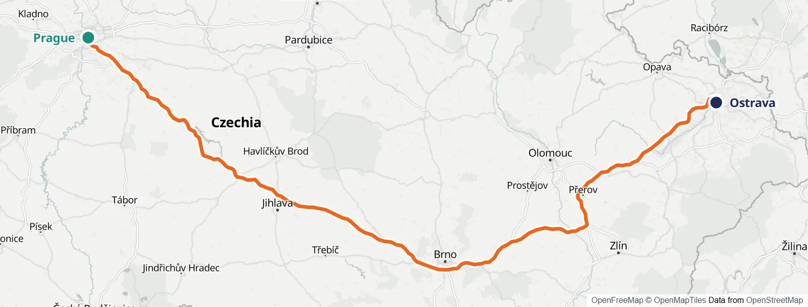 Rutekort: Prague – Ostrava
